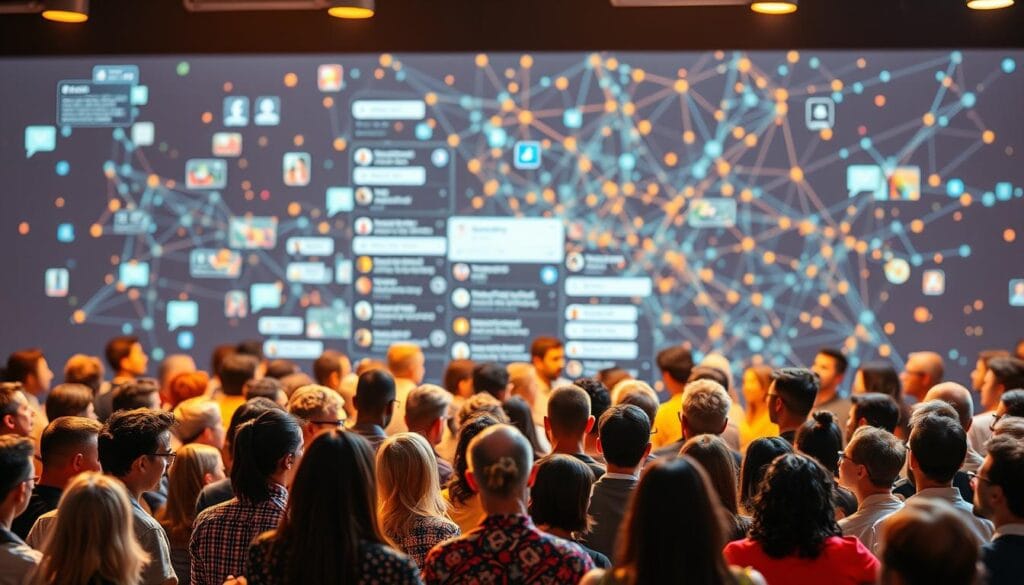 A vibrant digital community gathered around a social media platform. In the foreground, diverse avatars and profiles actively engage in conversations, sharing ideas and content. The middle ground features a dynamic feed of posts, likes, and comments, creating a sense of lively interaction. In the background, an abstract data visualization depicting the interconnected network of connections and relationships. Warm lighting casts a welcoming glow, while the composition conveys a balance of structure and organic chaos, reflecting the fluid, ever-evolving nature of social media communities.